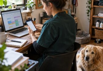 Professionnelle animalière consultant son agenda de rendez-vous avec un chien à ses côtés