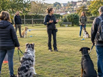 Éducatrice canine animant un cours collectif avec plusieurs propriétaires et leurs chiens
