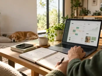 Un espace de travail avec ordinateur, carnet de notes et chien, illustrant la conception de Planipets et l'intégration du marketing pour les professionnels animaliers