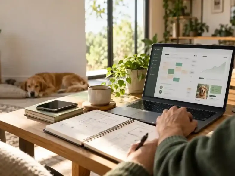 Un espace de travail avec ordinateur, carnet de notes et chien, illustrant la conception de Planipets et l'intégration du marketing pour les professionnels animaliers