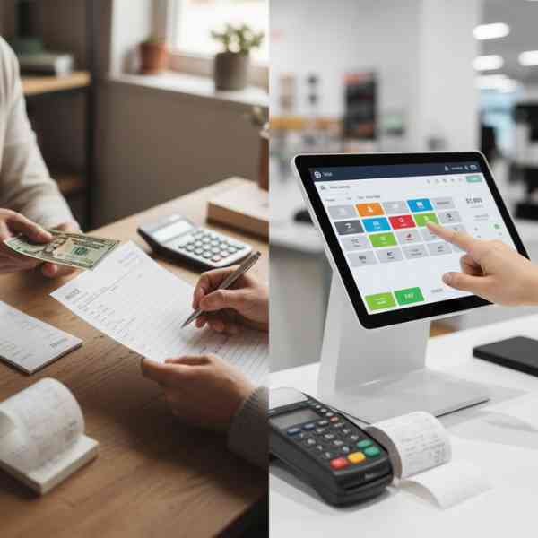 Comparaison entre un encaissement manuel avec registre papier et un système de caisse électronique moderne, illustrant la différence entre simple encaissement et logiciel de caisse soumis à NF525.
