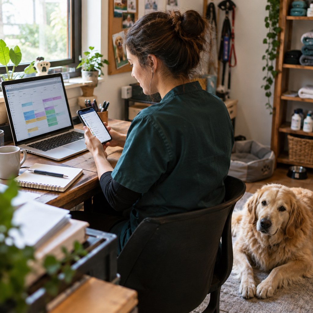 Professionnelle animalière consultant son agenda de rendez-vous avec un chien à ses côtés