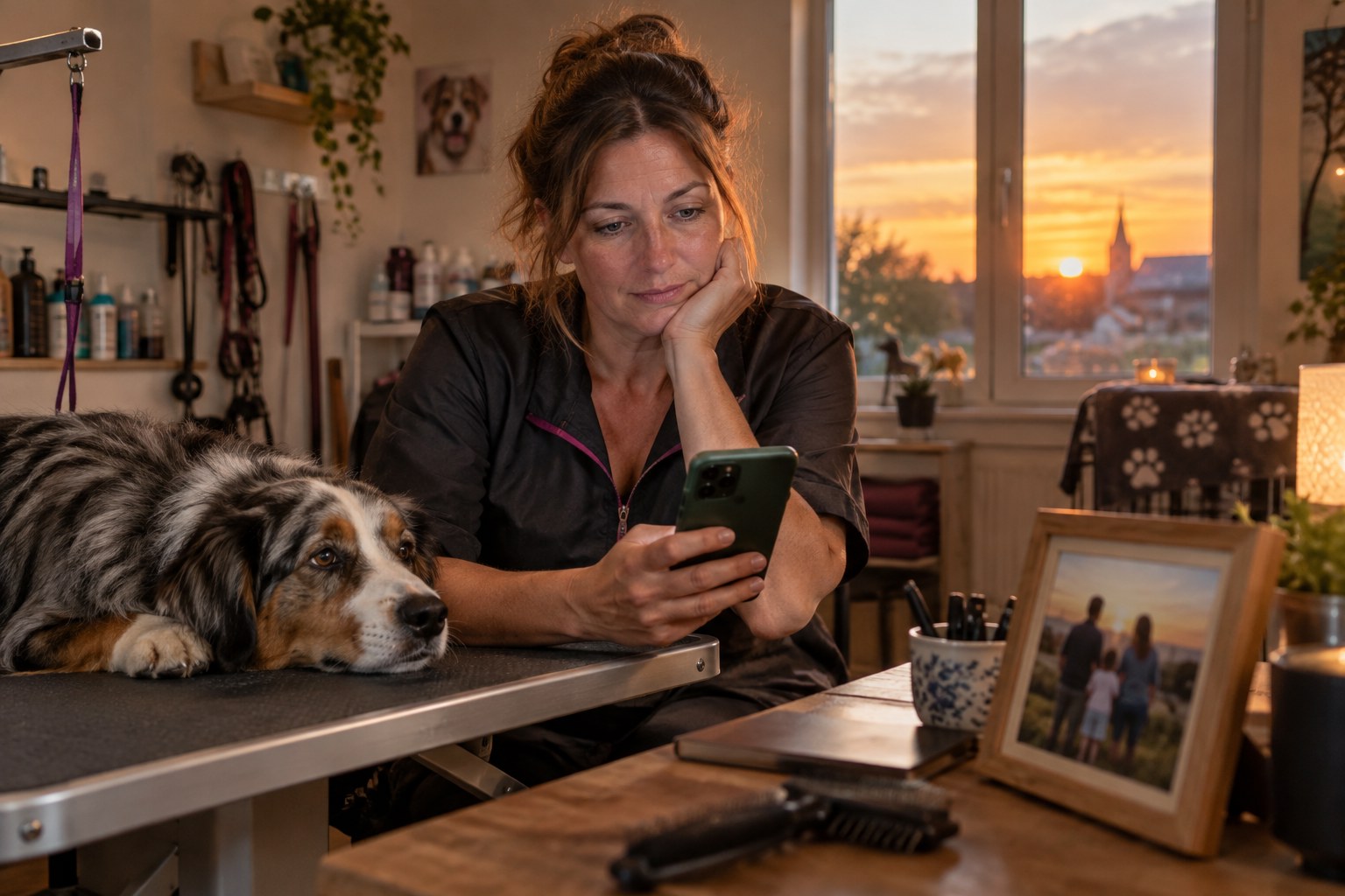 gagner-sa-vie-avec-les-animaux-en-travaillant-70-heures-est-ce-vraiment-vivre-d Toiletteuse canine en fin de journée dans son salon, consultante ses messages près d'un chien, symbole du manque de temps personnel.