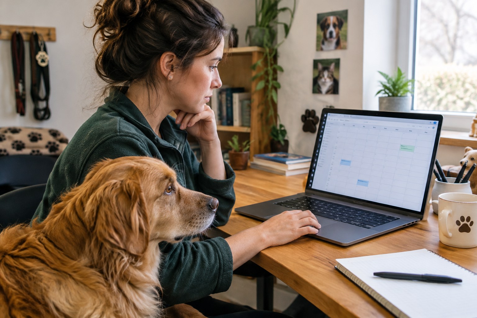 Professionnelle animalière devant son agenda de rendez-vous avec son chien