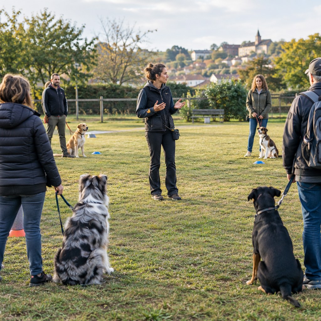 Cours collectif d’éducation canine avec plusieurs participants Éducatrice canine animant un cours collectif avec plusieurs propriétaires et leurs chiens