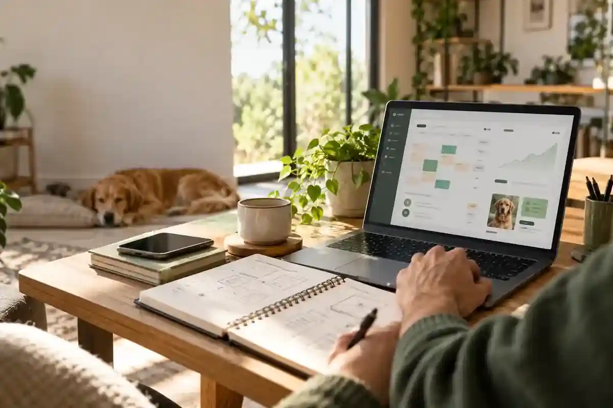 Un espace de travail avec ordinateur, carnet de notes et chien, illustrant la conception de Planipets et l'intégration du marketing pour les professionnels animaliers