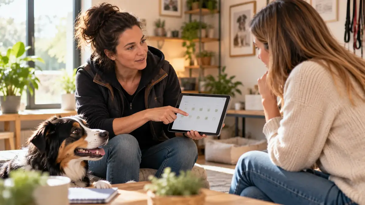 Éducatrice canine présentant un accompagnement à une cliente avec son chien, pour illustrer les Packs de séances Planipets