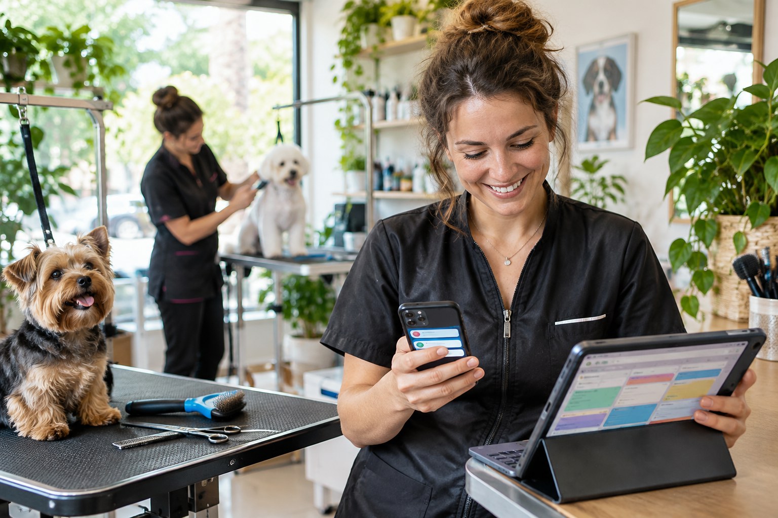 ton-agenda-est-complet-tu-refuses-des-clients-et-si-ces-demandes-avaient-encore Toiletteuse canine consultant son téléphone dans un salon de toilettage alors que son planning de rendez-vous est chargé
