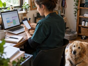 Professionnelle animalière consultant son agenda de rendez-vous avec un chien à ses côtés