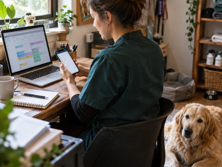 elle-m-a-dit-je-crois-que-je-vais-faire-faillite-un-simple-rappel-sms-a-chang-la Professionnelle animalière consultant son agenda de rendez-vous avec un chien à ses côtés