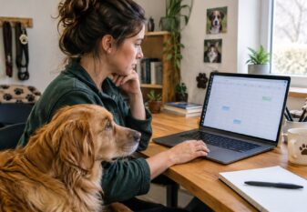 Professionnelle animalière devant son agenda de rendez-vous avec son chien