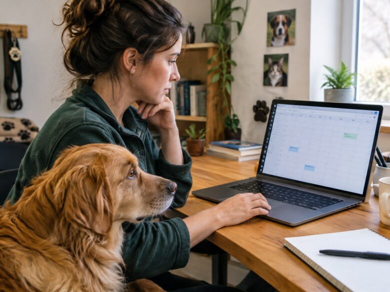Agenda de rendez-vous d’une professionnelle animalière Professionnelle animalière devant son agenda de rendez-vous avec son chien