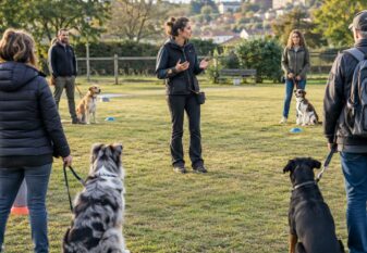 Éducatrice canine animant un cours collectif avec plusieurs propriétaires et leurs chiens