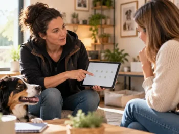 Éducatrice canine présentant un accompagnement à une cliente avec son chien, pour illustrer les Packs de séances Planipets