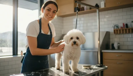 Toiletteur professionnel toilettant un chien dans un salon moderne Toiletteur professionnel toilettant un chien dans un salon de toilettage moderne