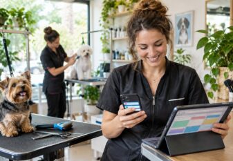 Toiletteuse canine consultant son téléphone dans un salon de toilettage alors que son planning de rendez-vous est chargé