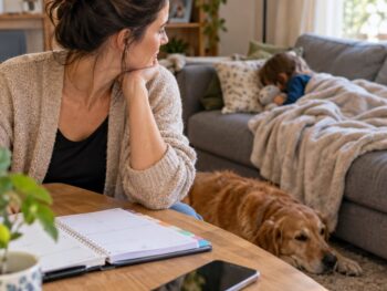 Professionnelle indépendante du bien-être animal à la maison près de son enfant malade, avec son agenda de rendez-vous sur la table